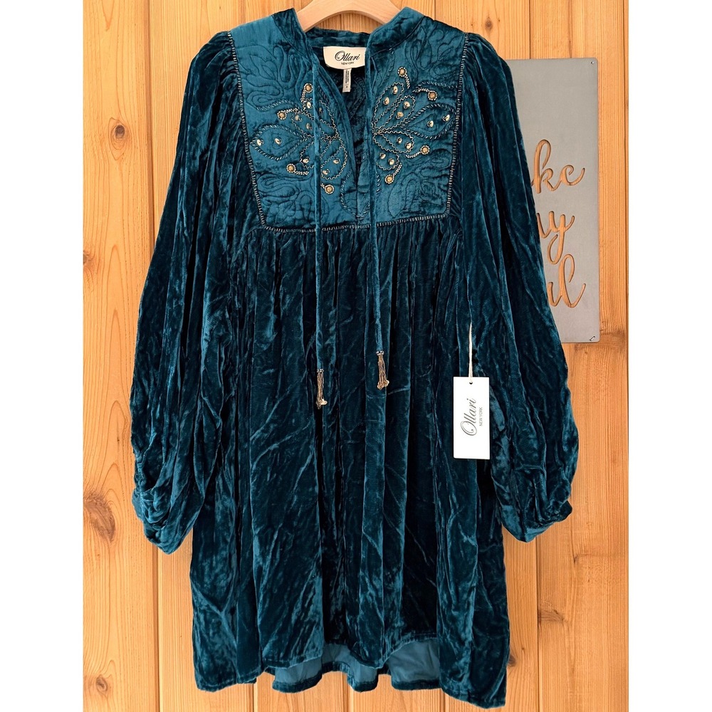 Ollari Hazel Quilted Embellished Mini Dress in Olive Bark/ Royal Teal Size Small